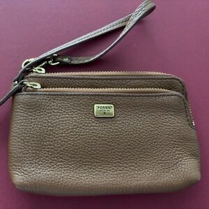 Fossil Brown Pebbled Leather Double-Zip Wristlet